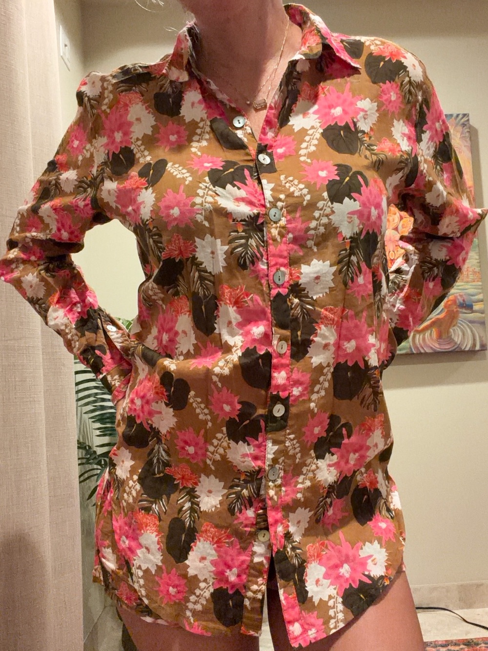 acacia swimwear Pink and Brown Floral Button-Down Shirt